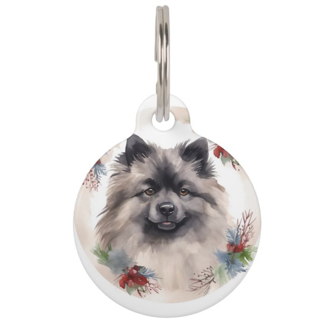 Keeshond Christmas Wreath Festive Pup Pet Tag (Front)