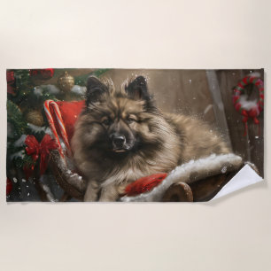 keeshond Dog Christmas Festive  Beach Towel