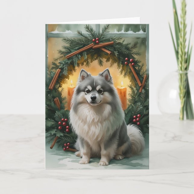 Keeshond Dog Christmas Greeting Card (Front)