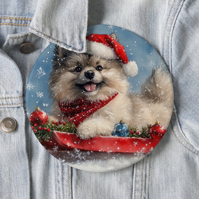 Keeshond Dog in Sledge Let it Snow Christmas 6 Inch Round Button (In Situ)