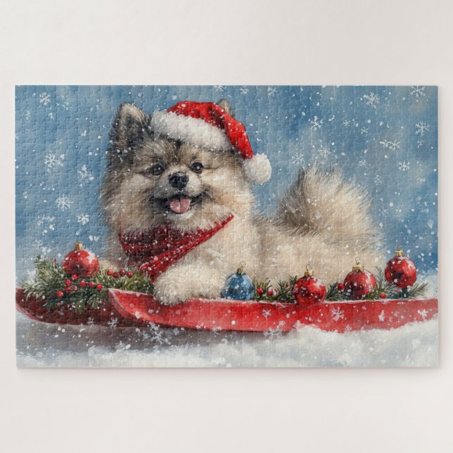 Keeshond Dog in Sledge Let it Snow Christmas Jigsaw Puzzle (Horizontal)