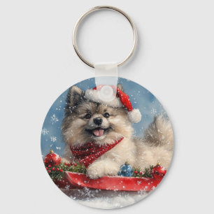 Keeshond Dog in Sledge Let it Snow Christmas Keychain