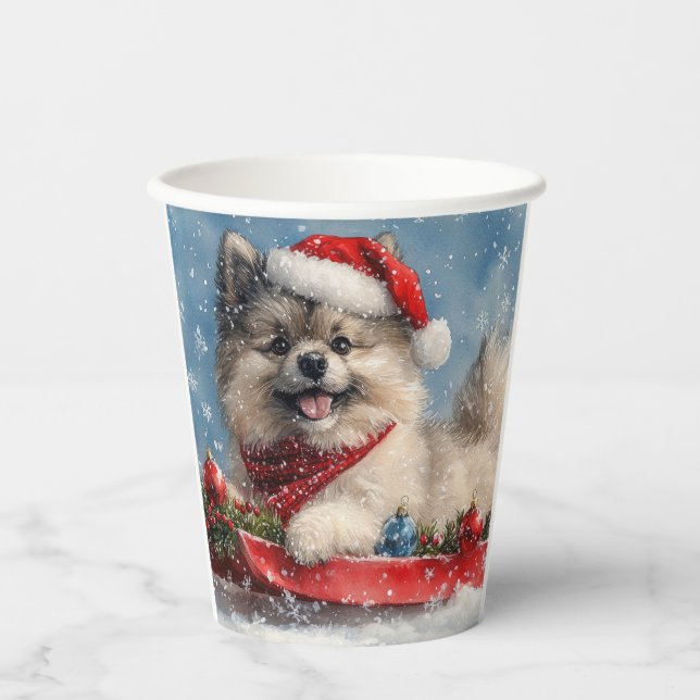 Keeshond Dog in Sledge Let it Snow Christmas Paper Cups (Front)