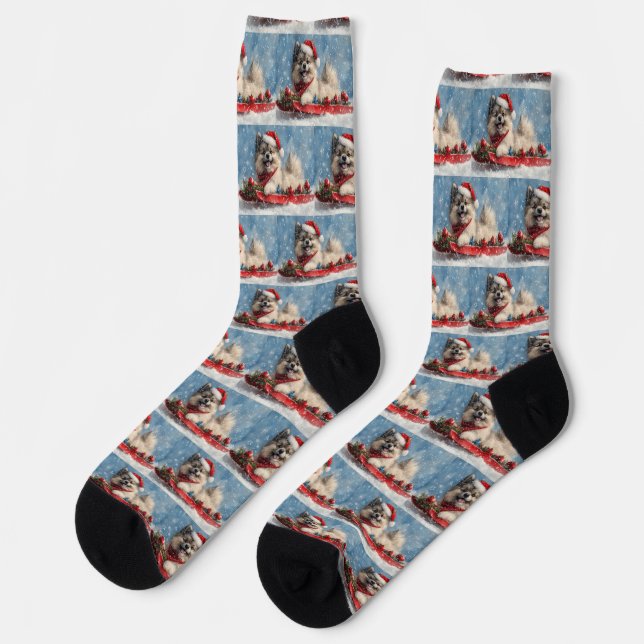 Keeshond Dog in Sledge Let it Snow Christmas Socks (Left)