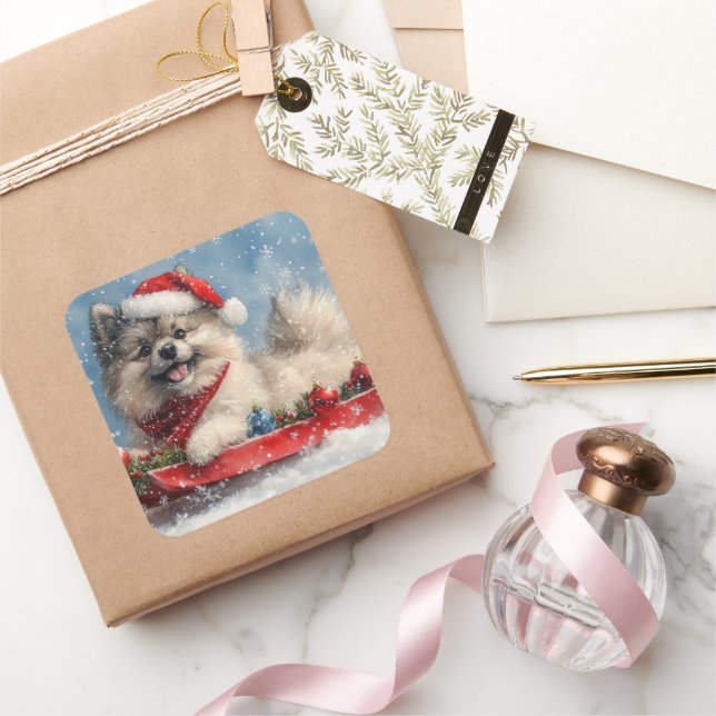 Keeshond Dog in Sledge Let it Snow Christmas Square Sticker (Gifting)