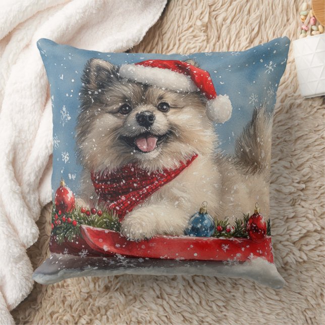 Keeshond Dog in Sledge Let it Snow Christmas Throw Pillow (Blanket)