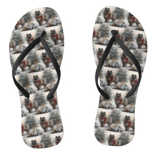 Keeshond Dog in Snow Christmas Flip Flops