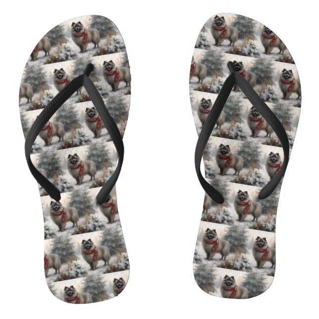 Keeshond Dog in Snow Christmas Flip Flops (Footbed)