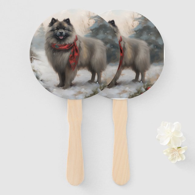 Keeshond Dog in Snow Christmas Hand Fan (Front and Back)