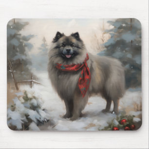 Keeshond Dog in Snow Christmas Mouse Pad