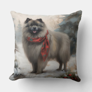 Keeshond Dog in Snow Christmas Throw Pillow