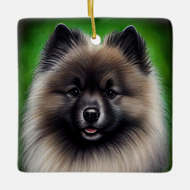 Keeshond Dog in St. Patrick's Day Dress Ceramic Ornament (Front)