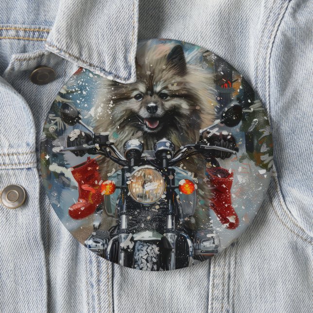 Keeshond Dog Riding Motorcycle Christmas 6 Inch Round Button (In Situ)