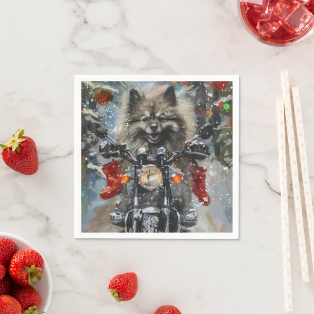 Keeshond Dog Riding Motorcycle Christmas Napkin (Insitu)