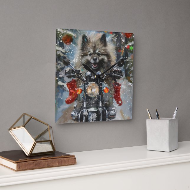 Keeshond Dog Riding Motorcycle Christmas Square Wall Clock (Office)