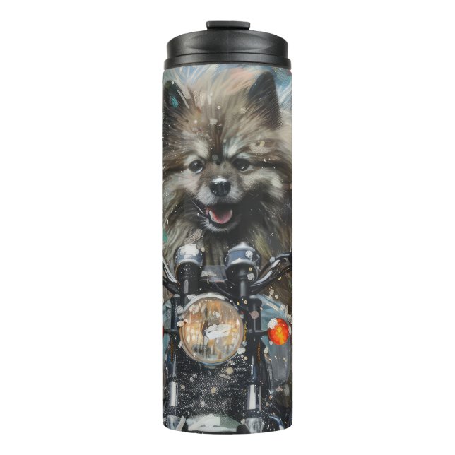 Keeshond Dog Riding Motorcycle Christmas Thermal Tumbler (Front)