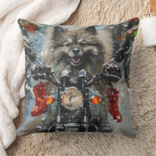 Keeshond Dog Riding Motorcycle Christmas Throw Pillow
