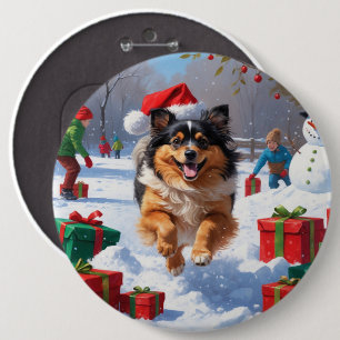 Keeshond Dog Running in Snow with Christmas Hat 6 Inch Round Button