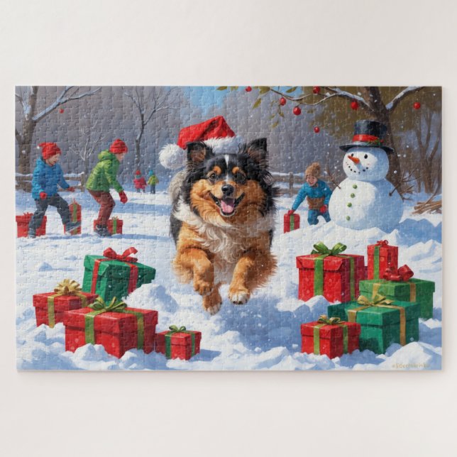 Keeshond Dog Running in Snow with Christmas Hat Jigsaw Puzzle (Horizontal)