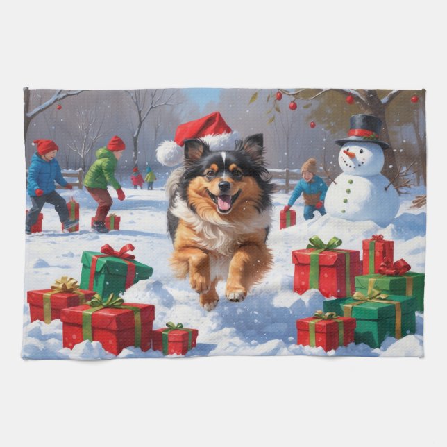 Keeshond Dog Running in Snow with Christmas Hat Kitchen Towel (Horizontal)
