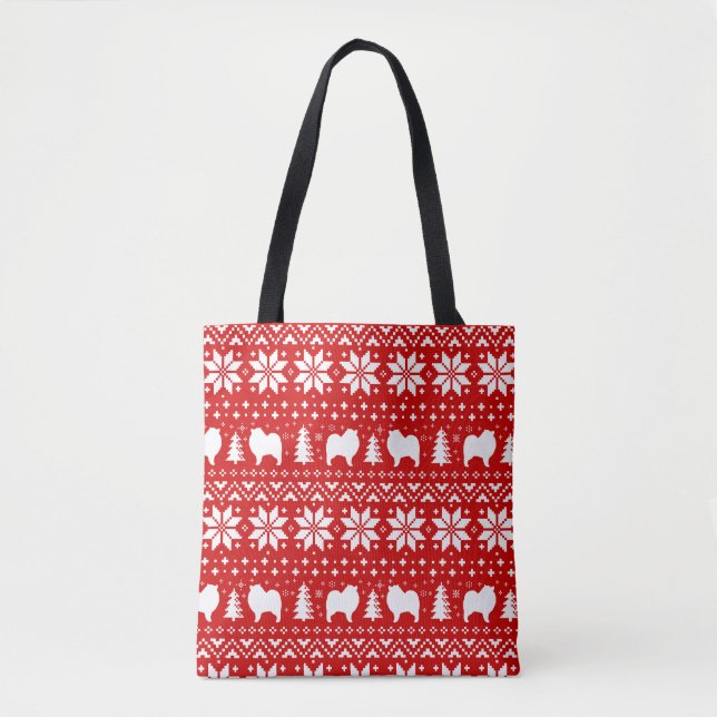 Keeshond Dog Silhouettes Christmas Holiday Pattern Tote Bag (Front)