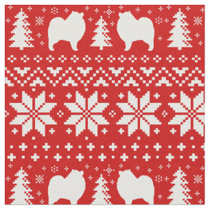 Keeshond Dog Silhouettes Christmas Holiday Red Fabric