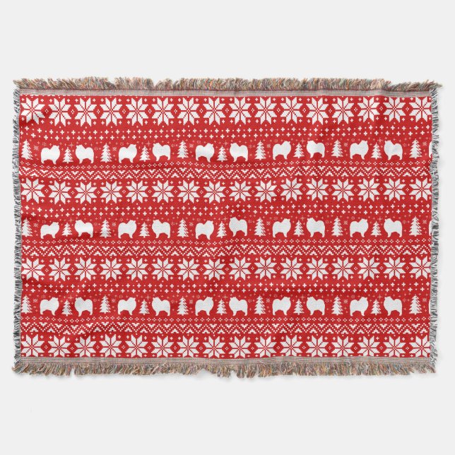 Keeshond Dog Silhouettes Festive Christmas Pattern Throw Blanket (Front)