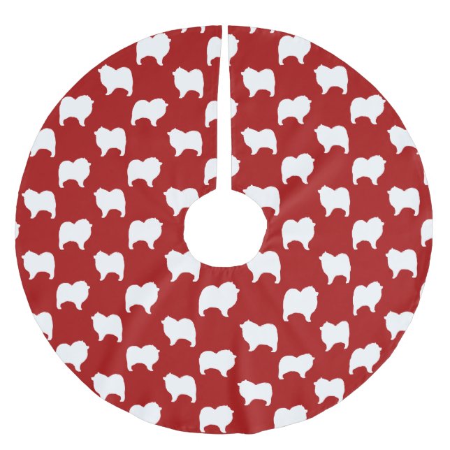 Keeshond Dog Silhouettes Pattern Red and White Brushed Polyester Tree Skirt (Front)