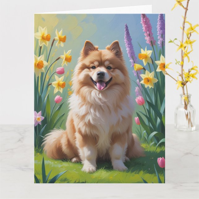 Keeshond Dog Spring Flowers Painting  Card (Yellow Flower)