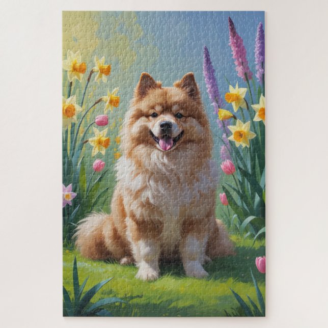 Keeshond Dog Spring Flowers Painting  Jigsaw Puzzle (Vertical)