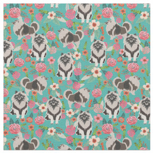keeshond dog vintage floral turquoise fabric