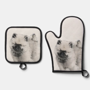 Keeshond Drawing Kees Puppy Cute Original Dog Art Oven Mitt & Pot Holder Set