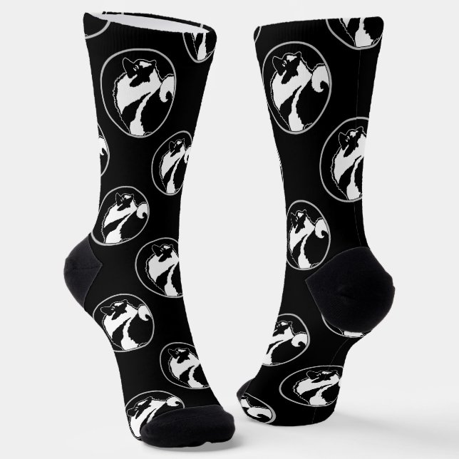 Keeshond Graphic Outline Cute Original Pet Dog Art Socks (Angled)