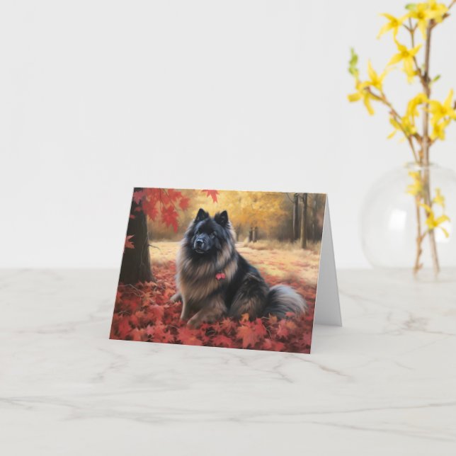 Keeshond in Autumn Leaves Fall Inspire  Card (Yellow Flower)