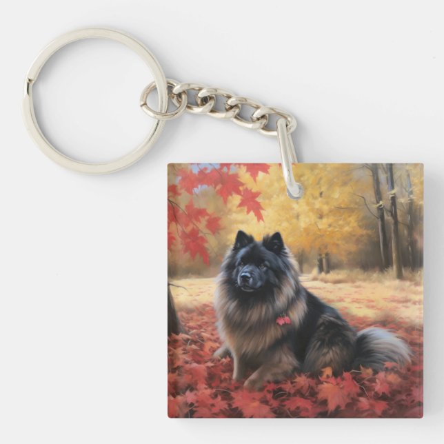 Keeshond in Autumn Leaves Fall Inspire  Keychain (Front)