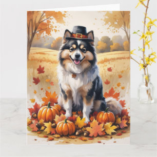 Keeshond In Autumn Leaves Thanksgiving Art Card