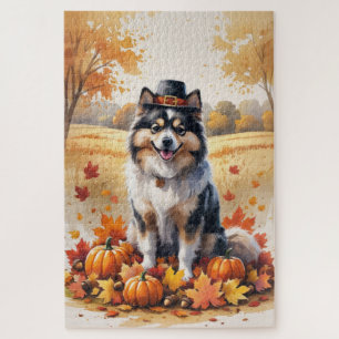 Keeshond In Autumn Leaves Thanksgiving Art Jigsaw Puzzle