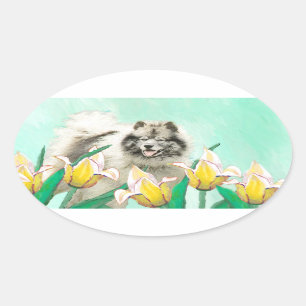 Keeshond in Tulips Painting - Cute Original Dog Ar Oval Sticker