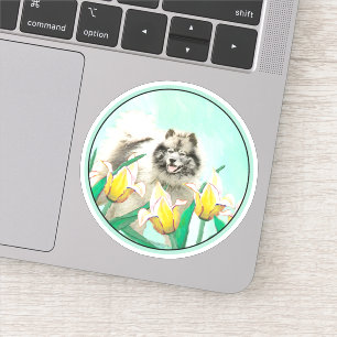 Keeshond in Tulips Painting Cute Original Dog Art