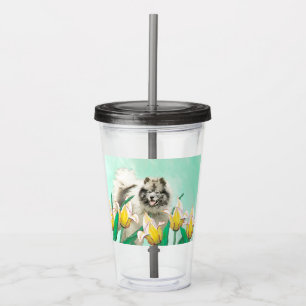 Keeshond in Tulips Painting Cute Original Dog Art Acrylic Tumbler