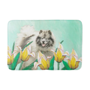 Keeshond in Tulips Painting Cute Original Dog Art Bath Mat
