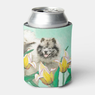 Keeshond in Tulips Painting Cute Original Dog Art Can Cooler