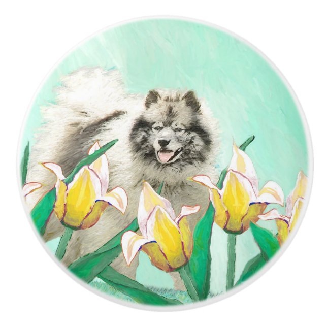 Keeshond in Tulips Painting Cute Original Dog Art Ceramic Knob (Front)