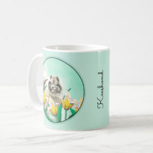 Keeshond in Tulips Painting Cute Original Dog Art Coffee Mug