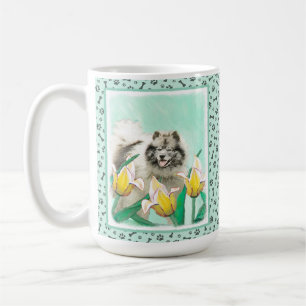 Keeshond in Tulips Painting Cute Original Dog Art Coffee Mug