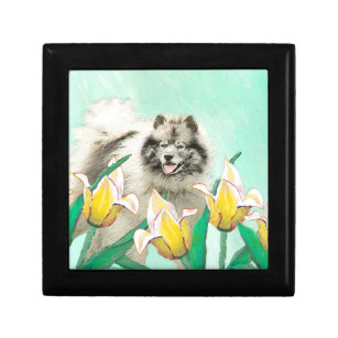 Keeshond in Tulips Painting Cute Original Dog Art Gift Box