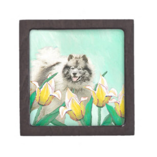 Keeshond in Tulips Painting Cute Original Dog Art Gift Box