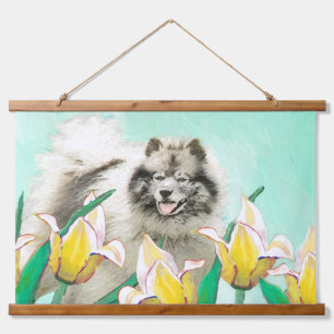 Keeshond in Tulips Painting Cute Original Dog Art Hanging Tapestry