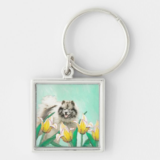 Keeshond in Tulips Painting Cute Original Dog Art Keychain (Front)