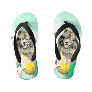 Keeshond in Tulips Painting Cute Original Dog Art Kid's Flip Flops